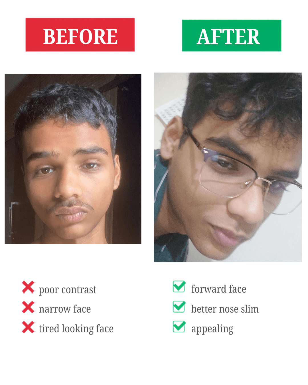 Pranav Patil before and after transformation showing improved facial contrast and presence